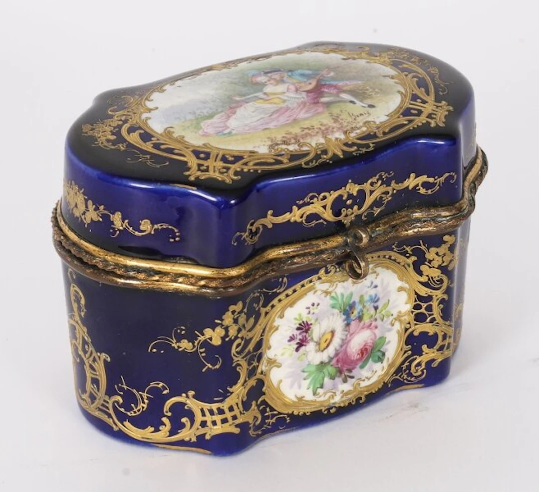 Antique French Cobalt Blue Sevres Porcelain Jewellery Casket 19th C