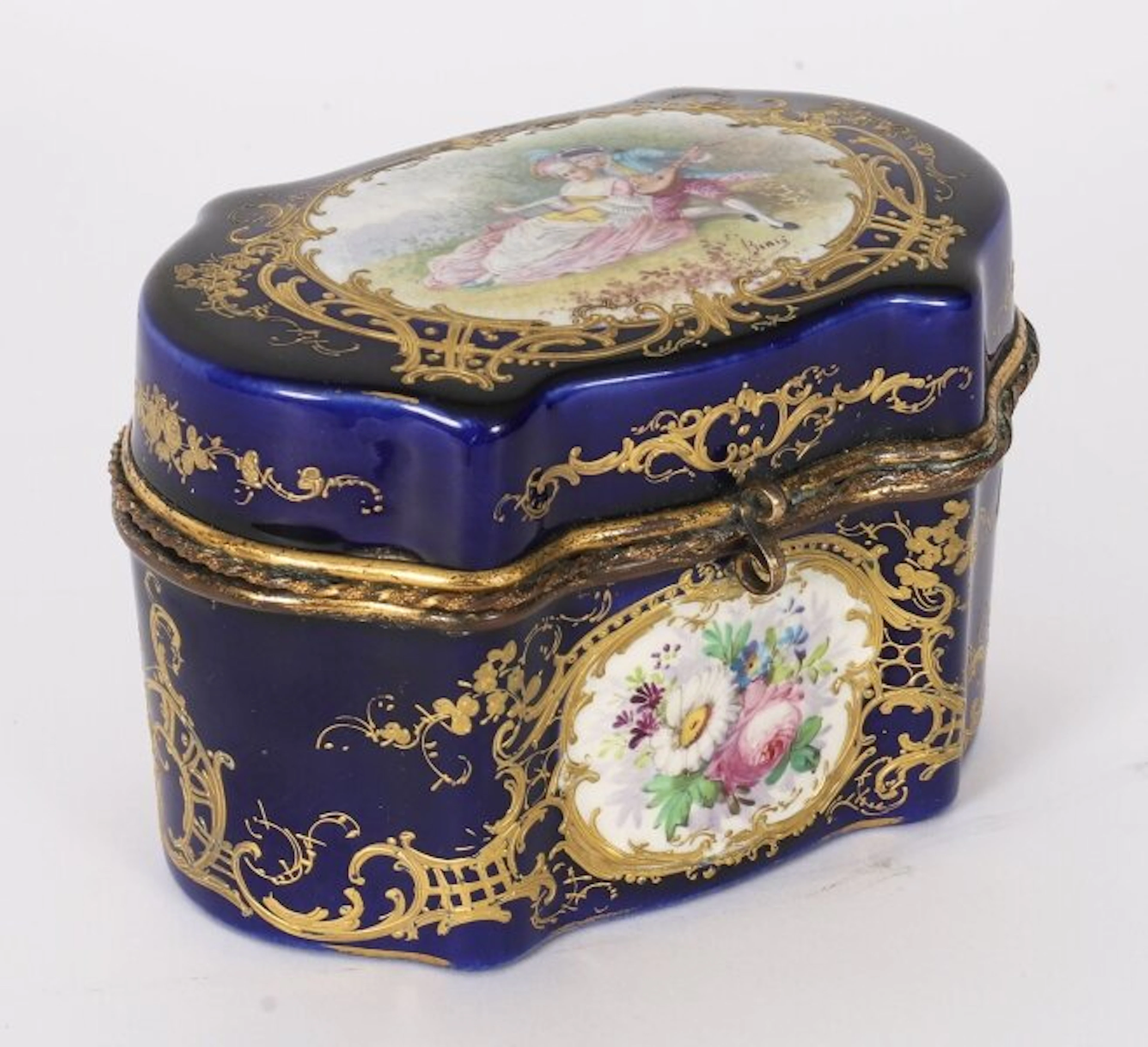 Antique French Cobalt Blue Sevres Porcelain Jewellery Casket 19th C