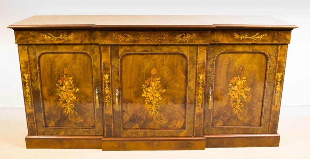 Antique Burr Walnut Marquetry 3 Door Sideboard Early 20th Century