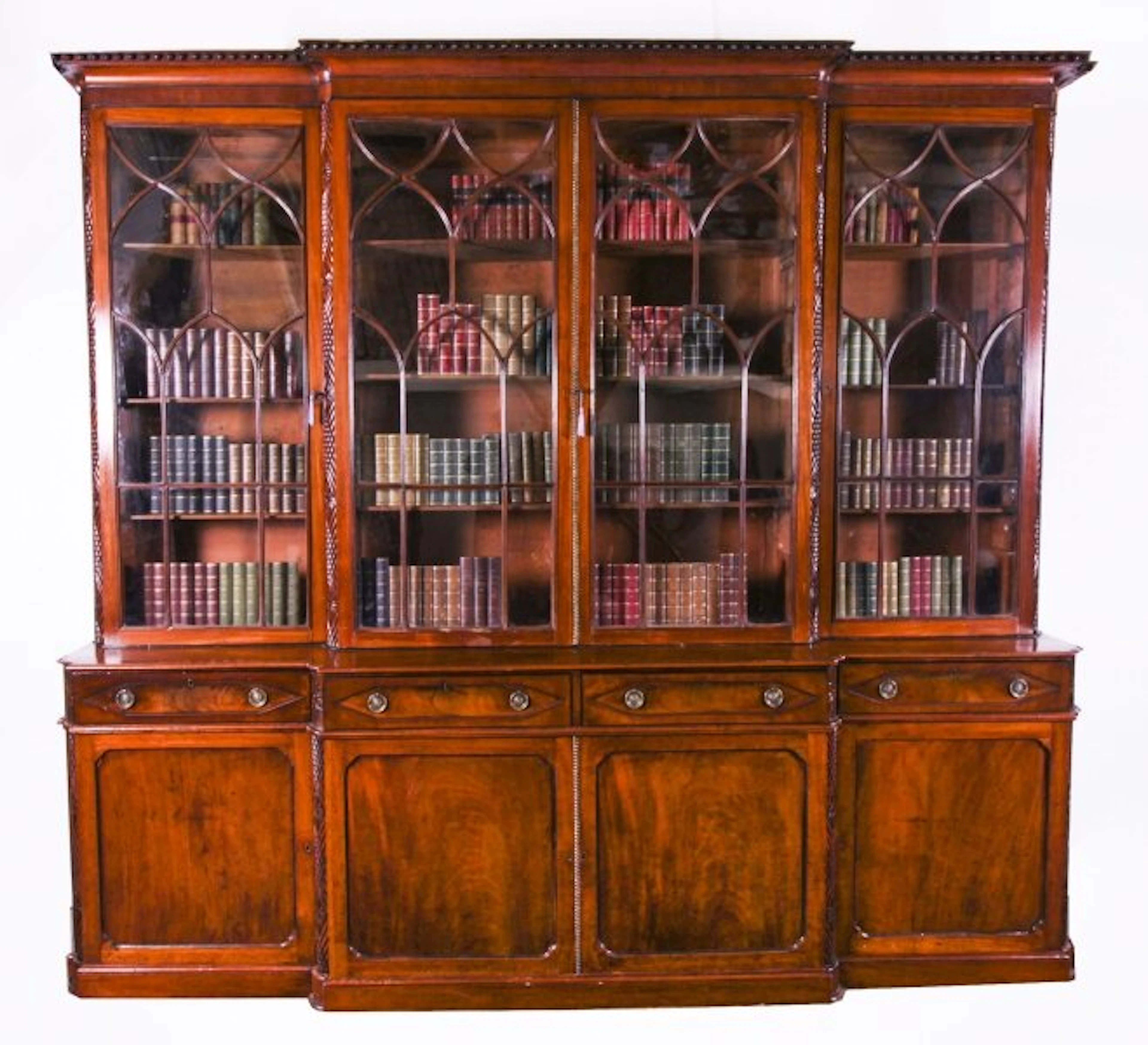 Antique 10ft Regency Flame Mahogany Four Door Breakfront Bookcase 19th C