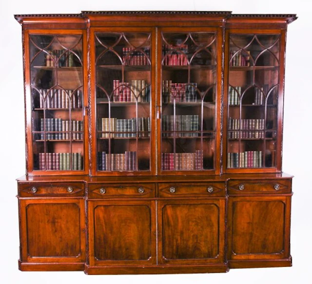 Antique 10ft Regency Flame Mahogany Four Door Breakfront Bookcase 19th C