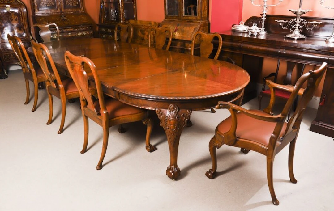 Antique Queen Anne Revival Burr Walnut Dining Table & 8 Chairs 19th C
