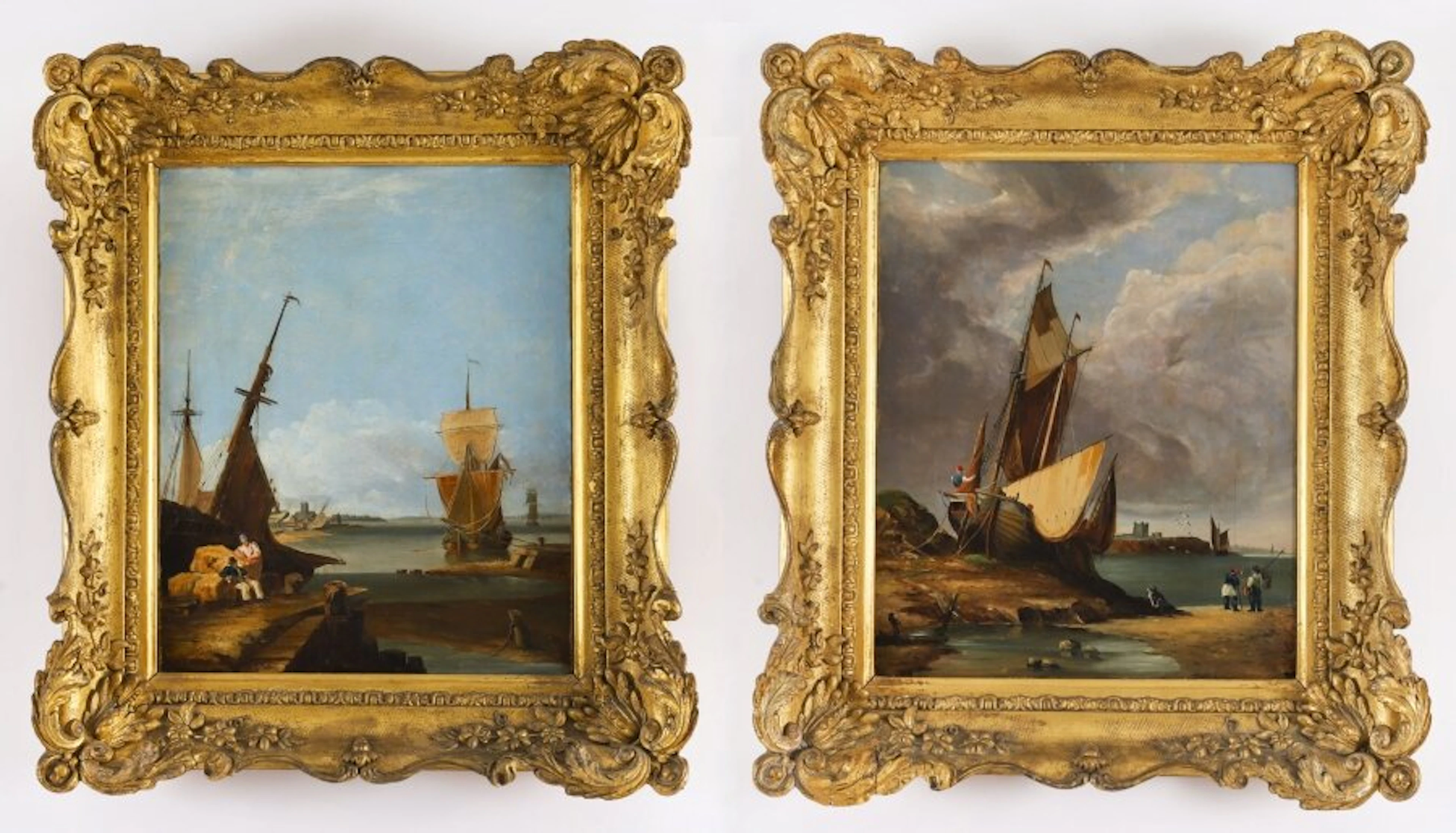 Antique Pair of Coastal Scene Maritime Oil Paintings 19th Century