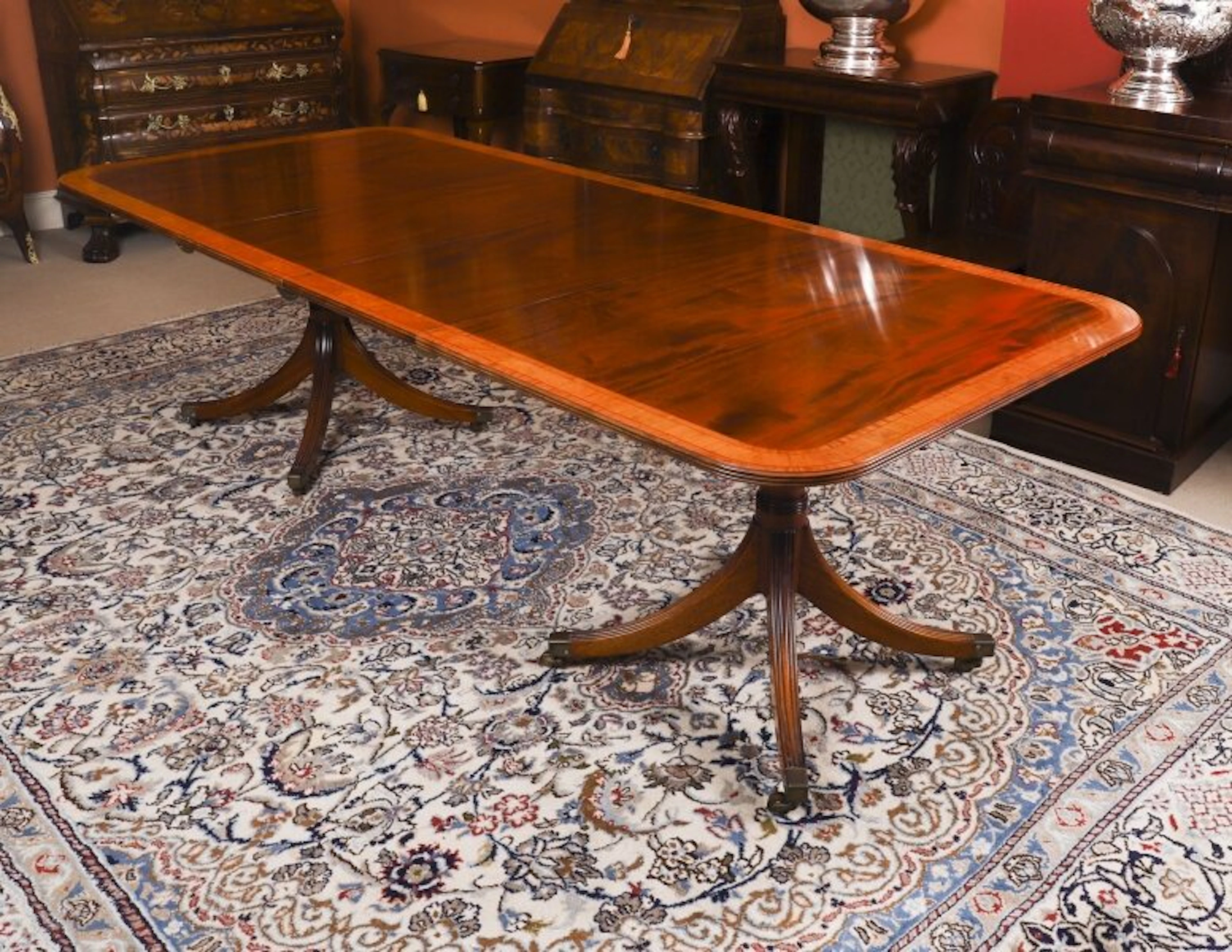 Vintage 8ft Crossbanded Twin Pillar Dining Table William Tillman 20th C