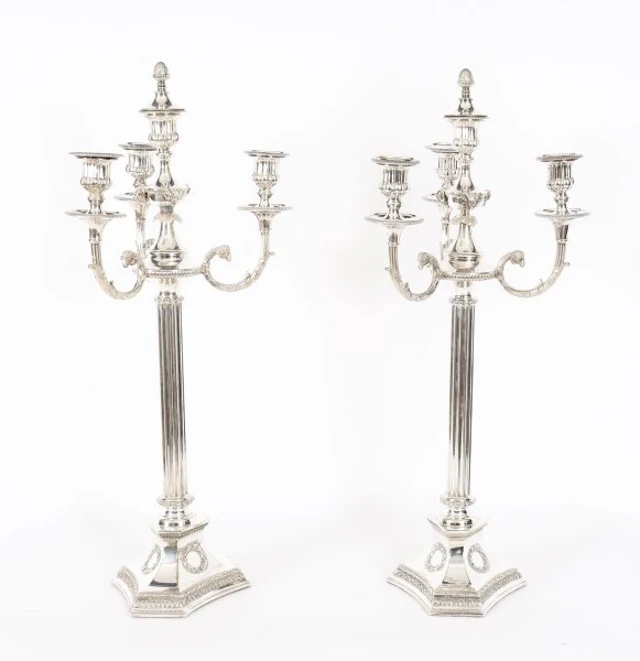 Antique Pair Large Silver Plated 4 Light Candelabra 19thC