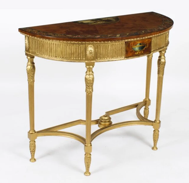 Antique Satinwood Hand Painted Demi-Lune Console Table 19th Century