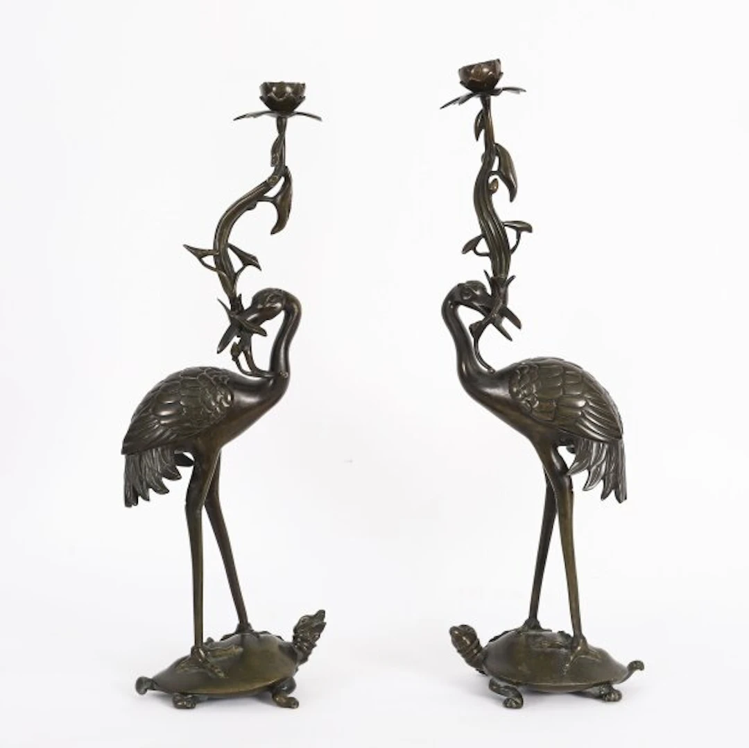 Antique Pair Japanese Bronze Pricket Candlesticks 19th C