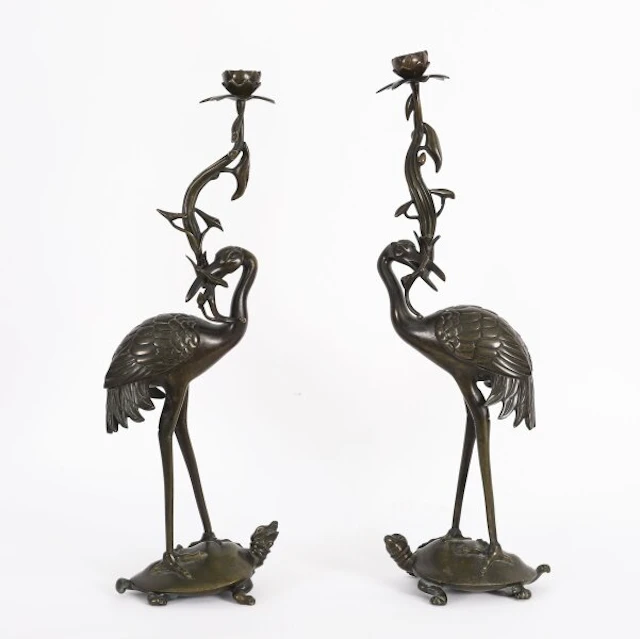 Antique Pair Japanese Bronze Pricket Candlesticks 19th C