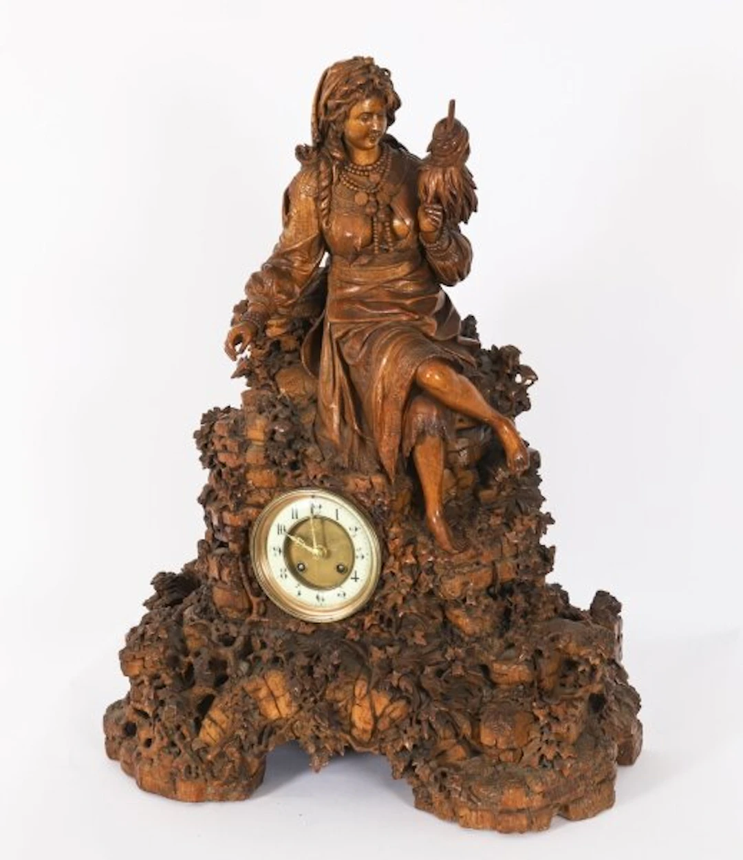 Antique Swiss 'Black Forest' Carved Linden Wood Clock by Bergen & Co 19th C