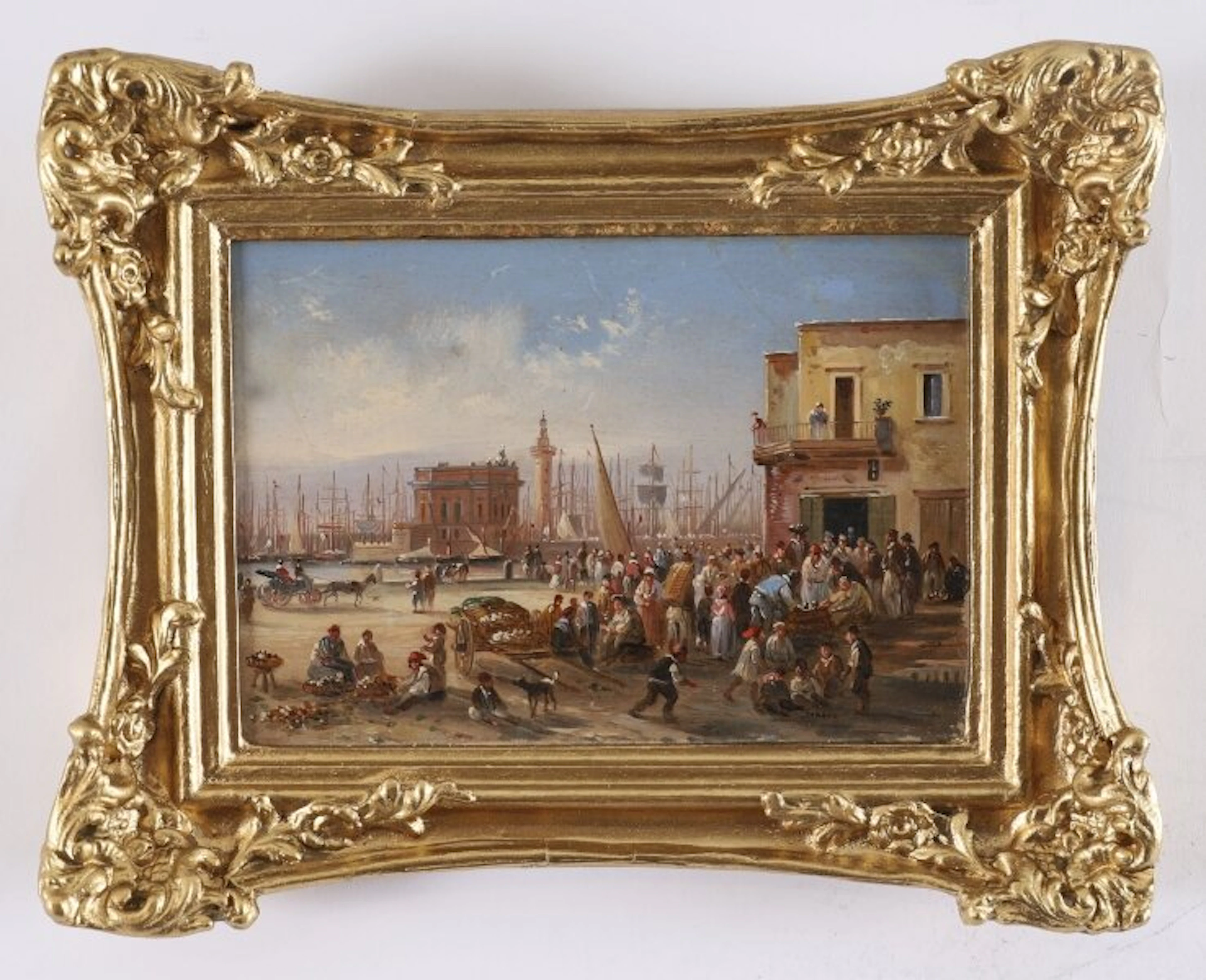 Antique Oil Painting Italian Harbour Scene 19th C