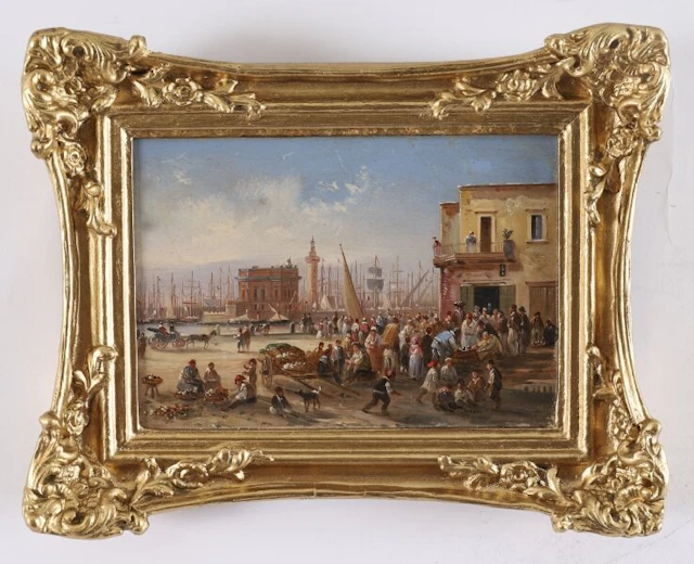 Antique Oil Painting Italian Harbour Scene 19th C