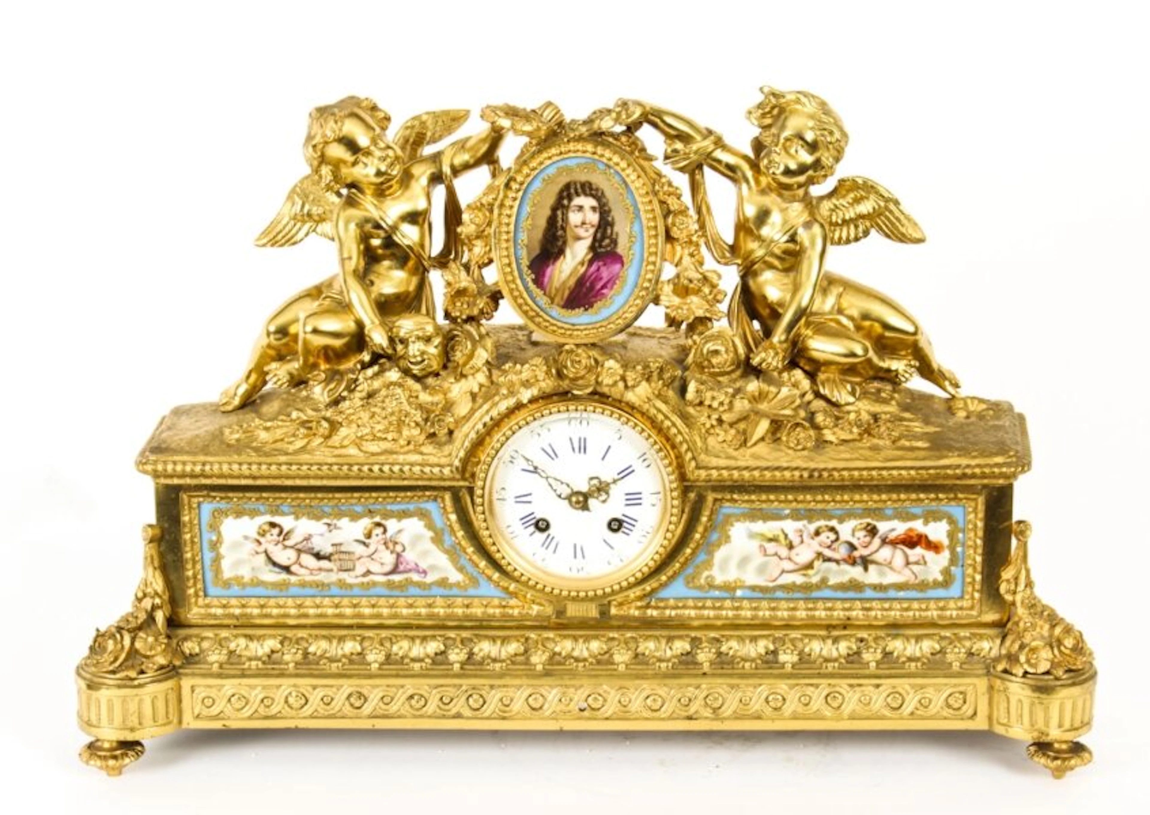 Antique French Gilt Bronze Clock with Portrait Plaque of Molière c.1860