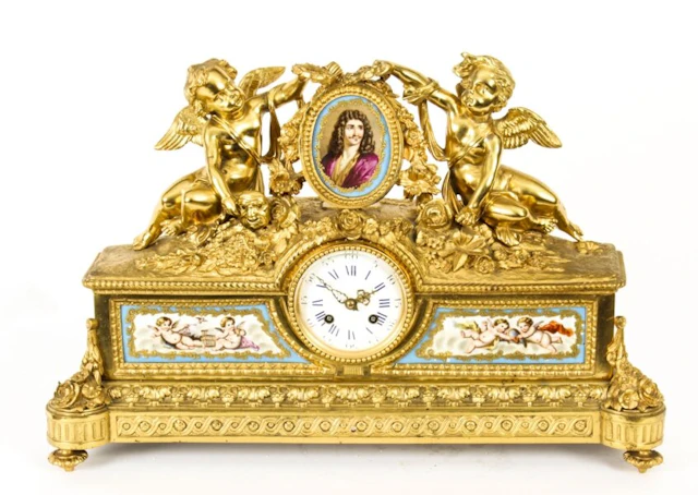 Antique French Gilt Bronze Clock with Portrait Plaque of Molière c.1860
