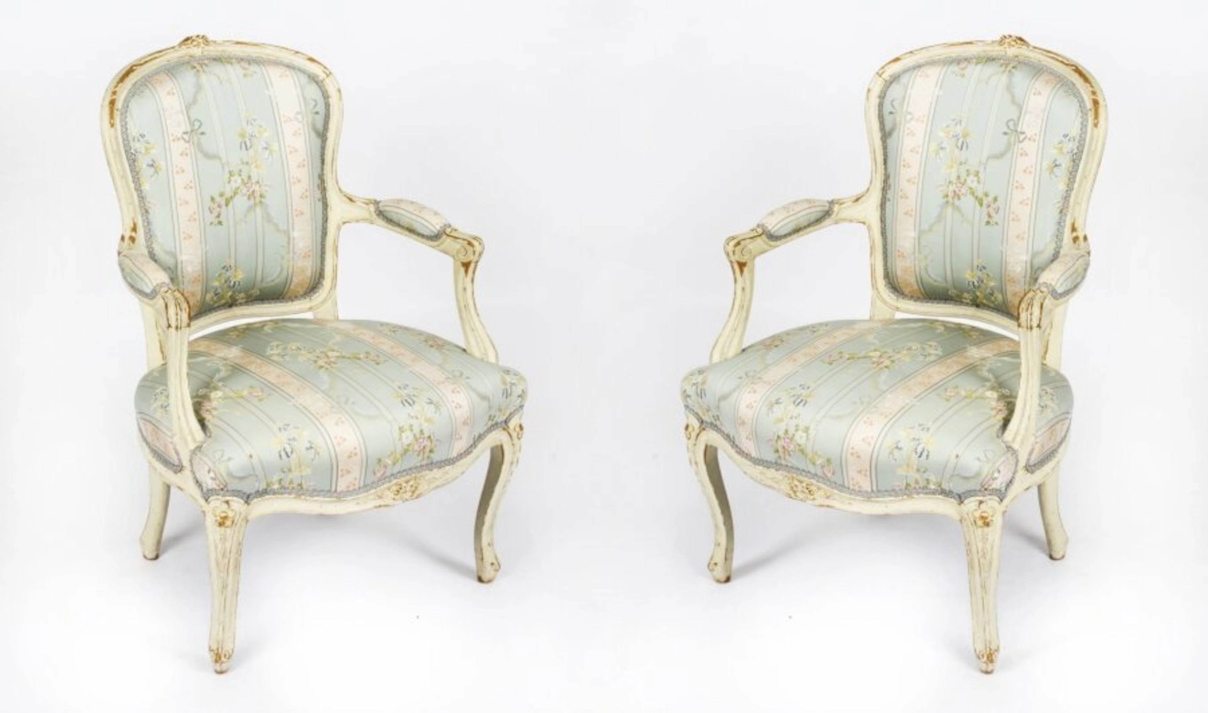 Antique Pair Shabby Chic Louis Revival French Painted Armchairs 19th Century