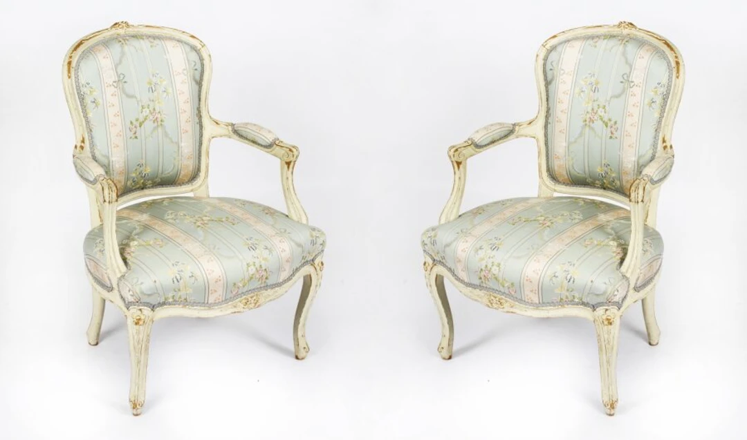 Antique Pair Shabby Chic Louis Revival French Painted Armchairs 19th Century