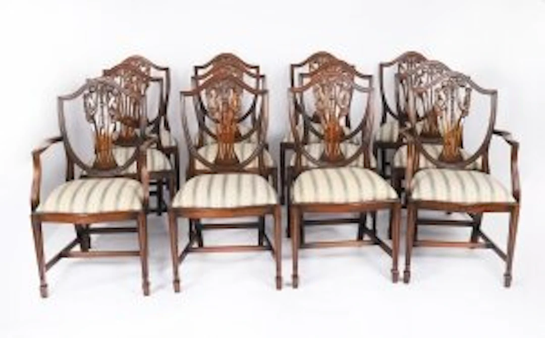 Vintage Set 12 English Harrods Shield Back Dining Chairs Mid 20th Century