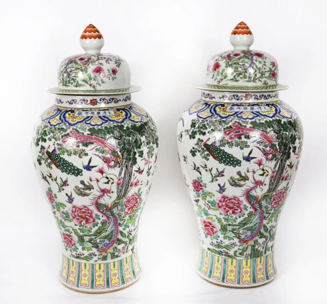 Vintage Pair 5ft Hand Enamelled Famille Noire Chinese Temple Vases Mid 20th