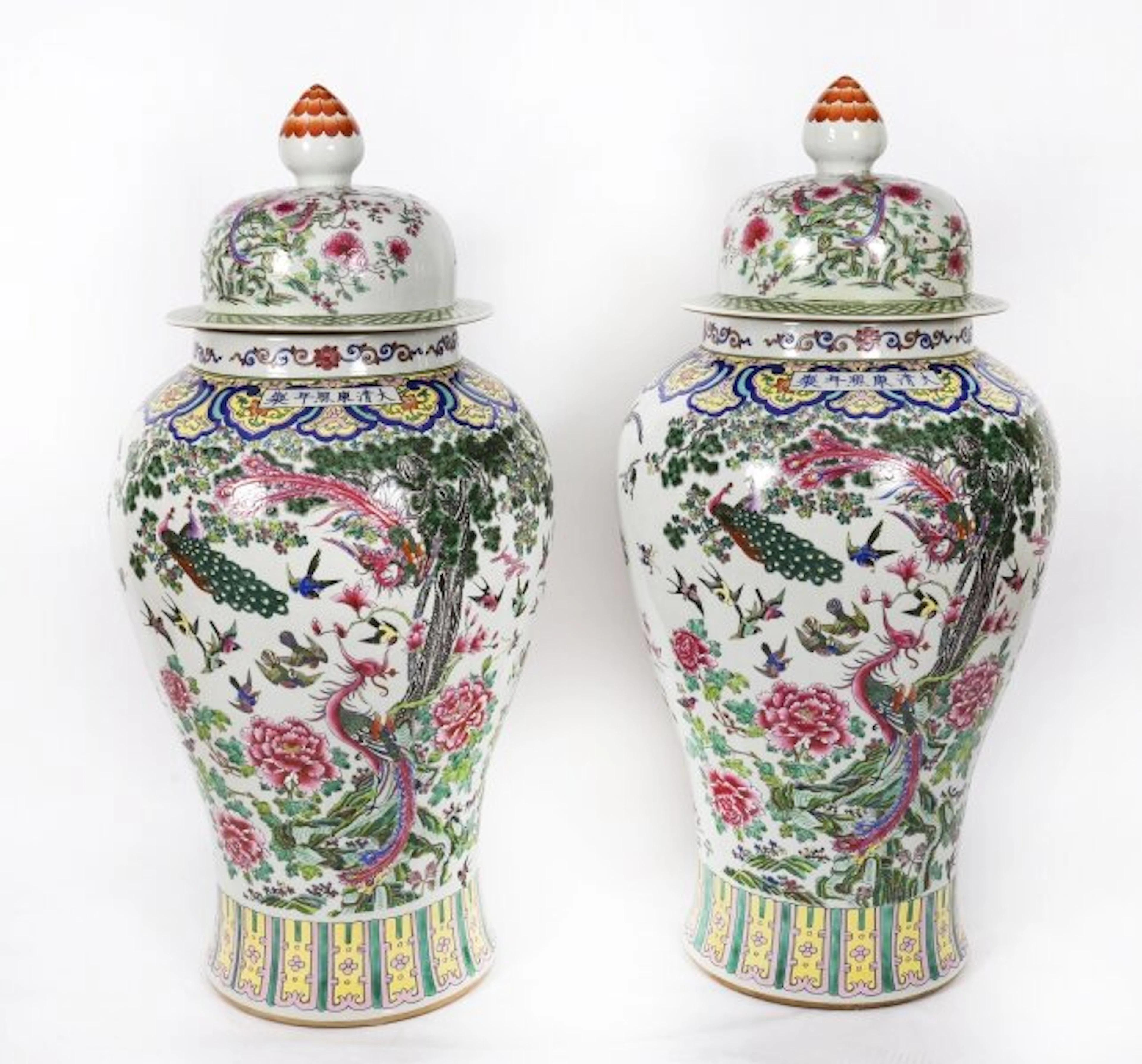 Vintage Pair 5ft Hand Enamelled Famille Noire Chinese Temple Vases Mid 20th