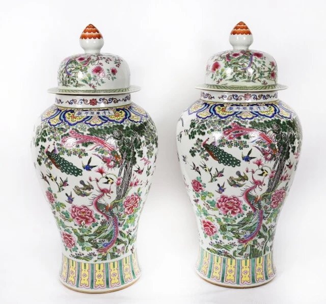 Vintage Pair 5ft Hand Enamelled Famille Noire Chinese Temple Vases Mid 20th
