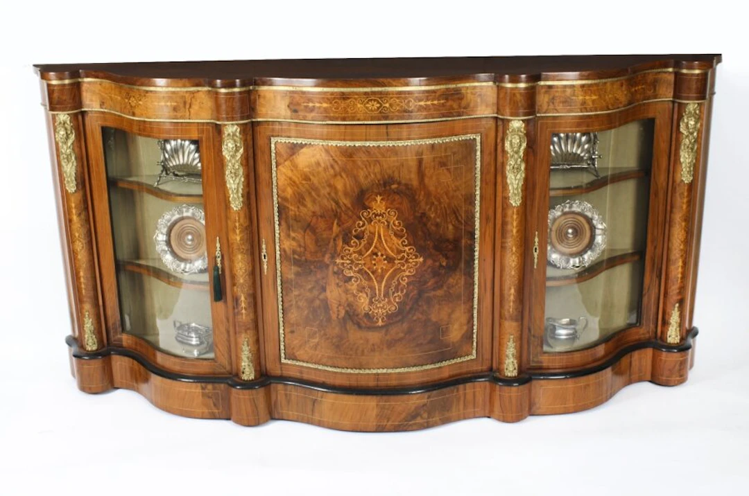 Antique Victorian Serpentine Burr Walnut Marquetry Credenza 19th C