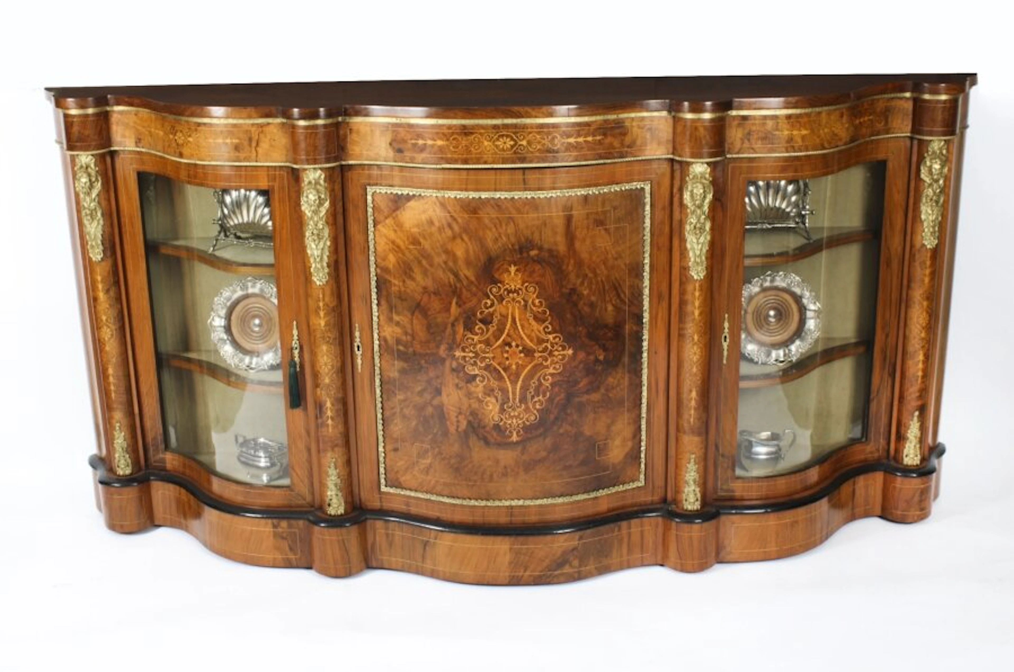 Antique Victorian Serpentine Burr Walnut Marquetry Credenza 19th C