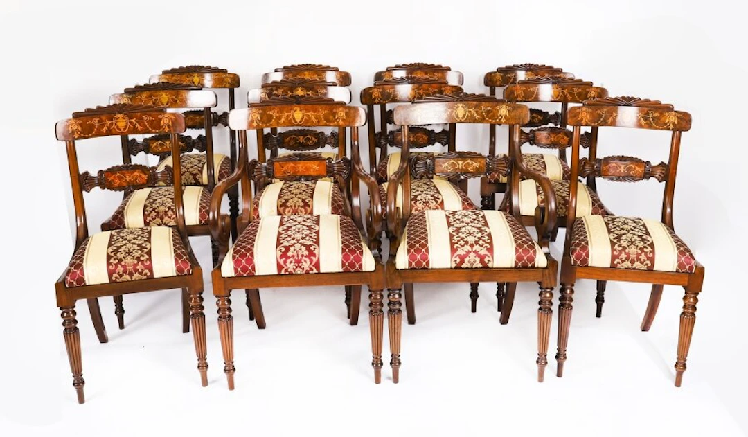 Set 12 Regency Revival Burr Walnut Marquetry Dining Chairs