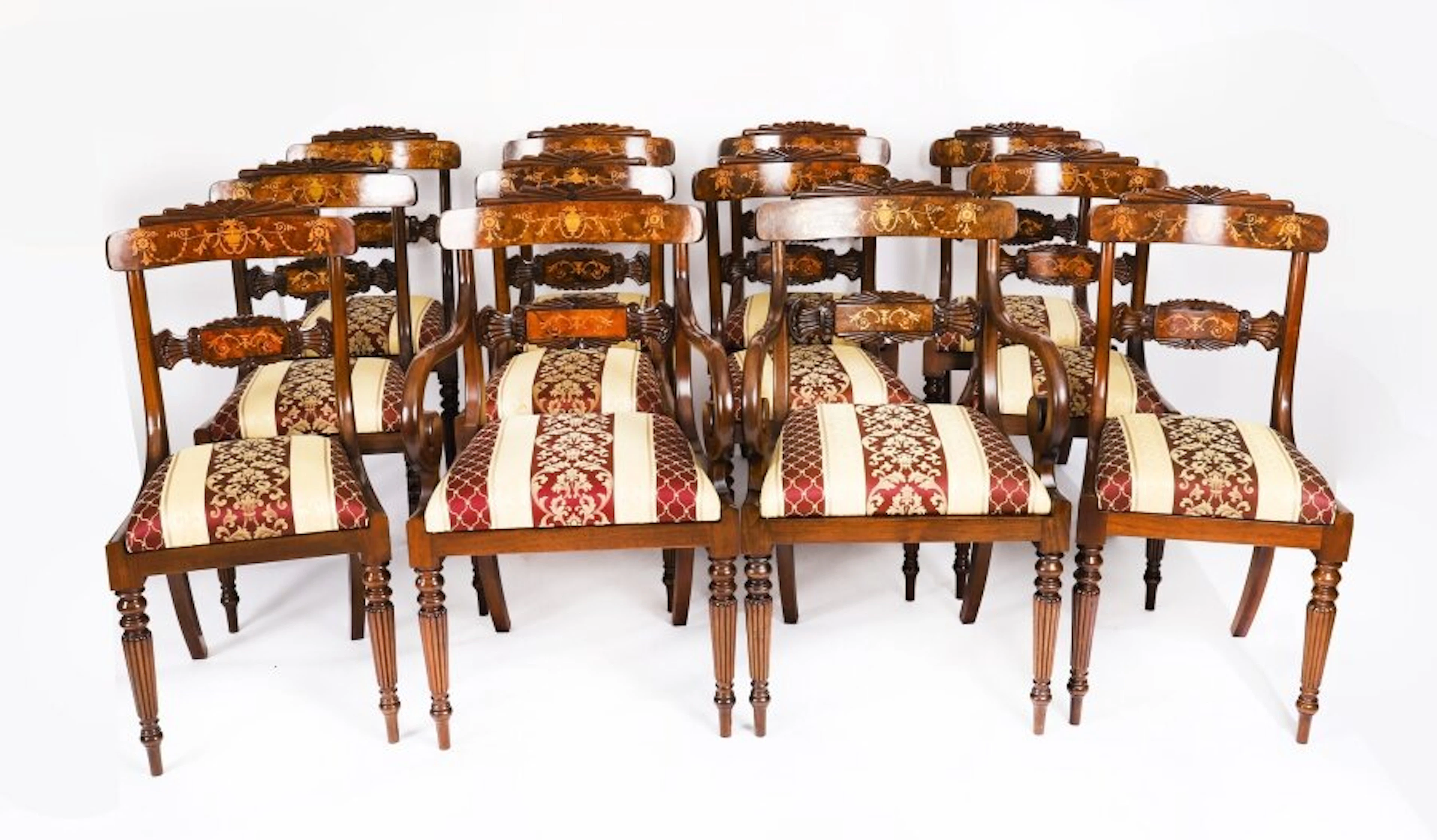 Set 12 Regency Revival Burr Walnut Marquetry Dining Chairs