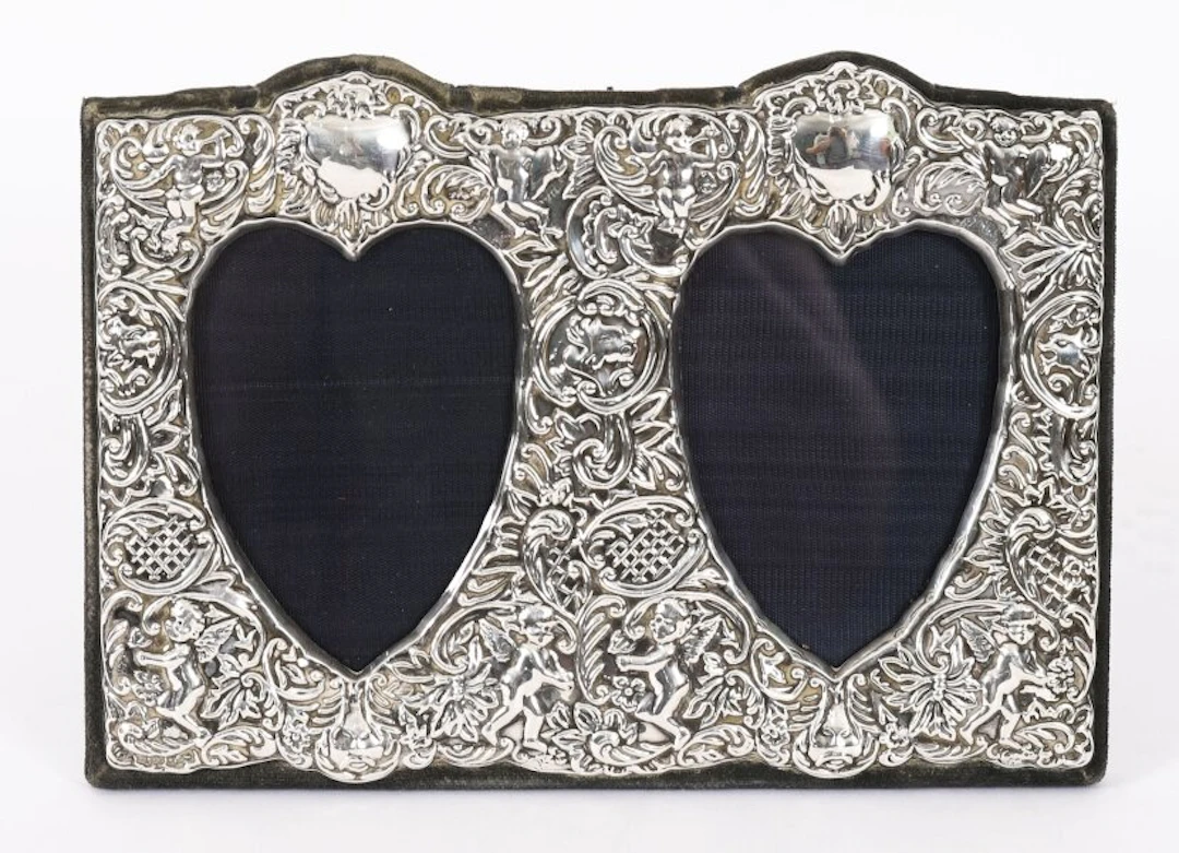 Vintage Sterling Silver Rectangular Twin Portrait Photo Frame 19th C 22x17cm