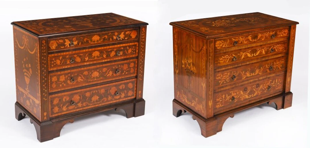 Vintage Complementary Pair of Marquetry Chests of Drawers 20th C