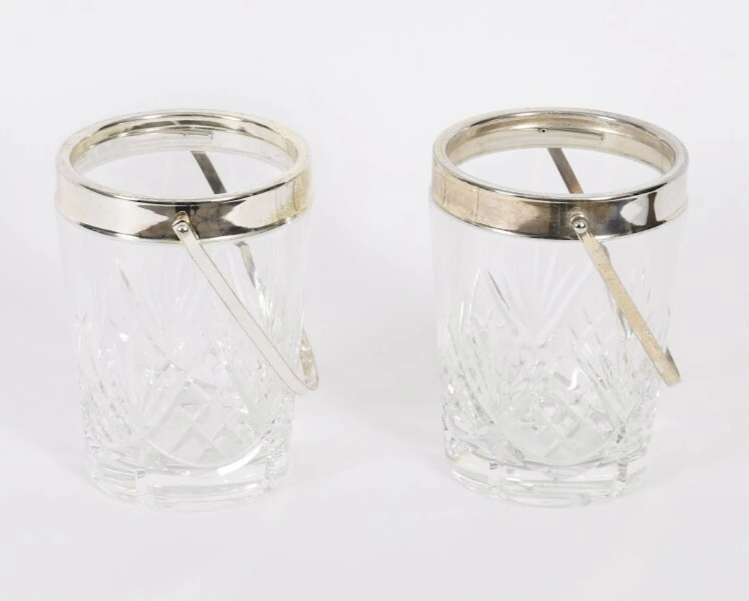 Vintage Pair Silver Plated & Crystal Ice Pail Bucket Mid 20th Century