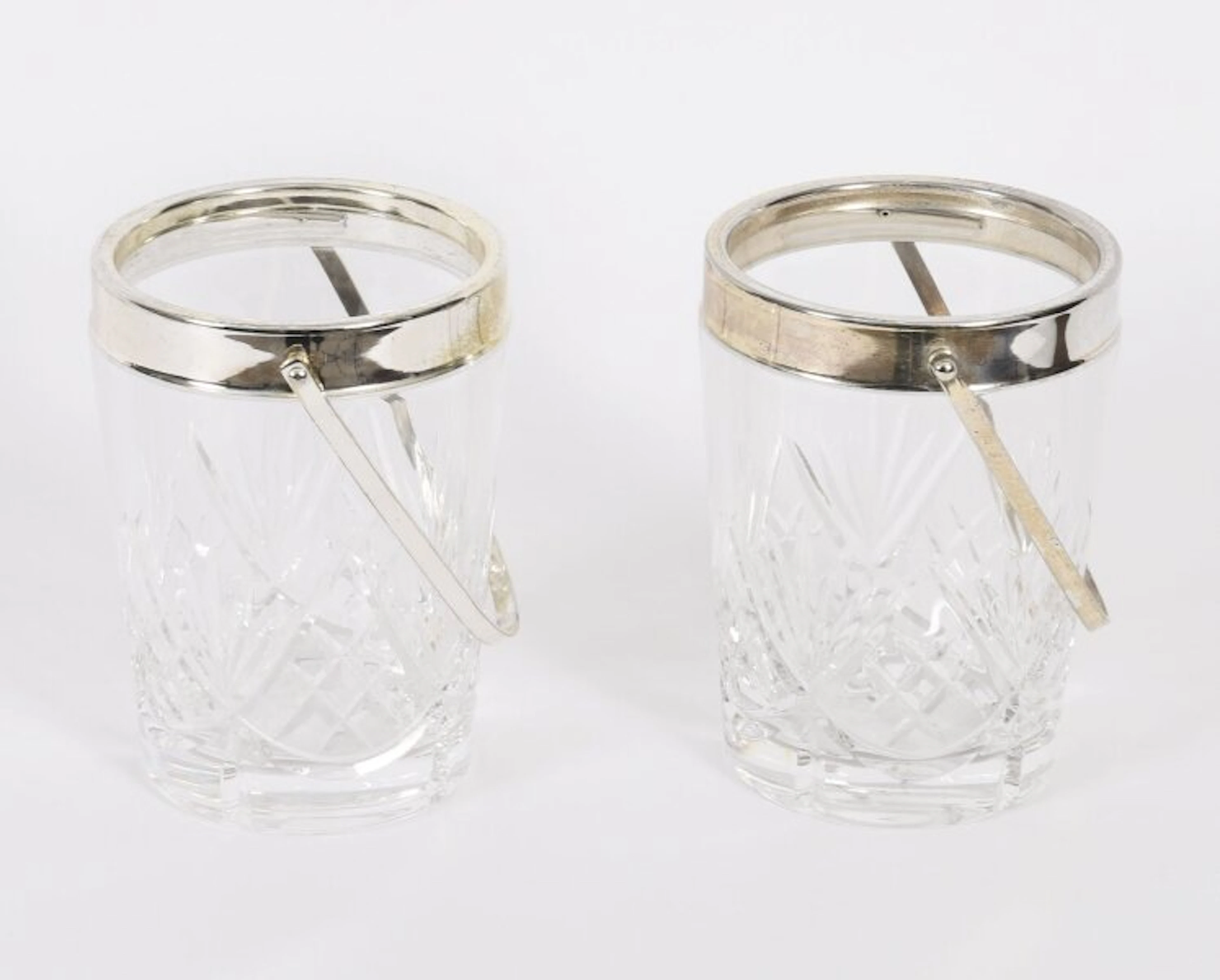 Vintage Pair Silver Plated & Crystal Ice Pail Bucket Mid 20th Century