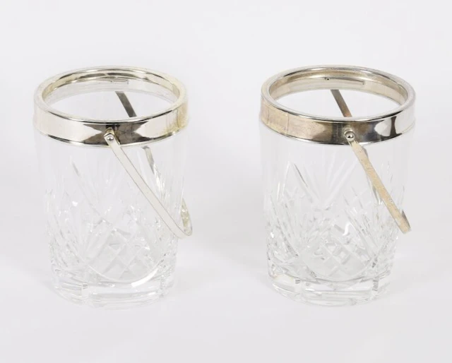 Vintage Pair Silver Plated & Crystal Ice Pail Bucket Mid 20th Century