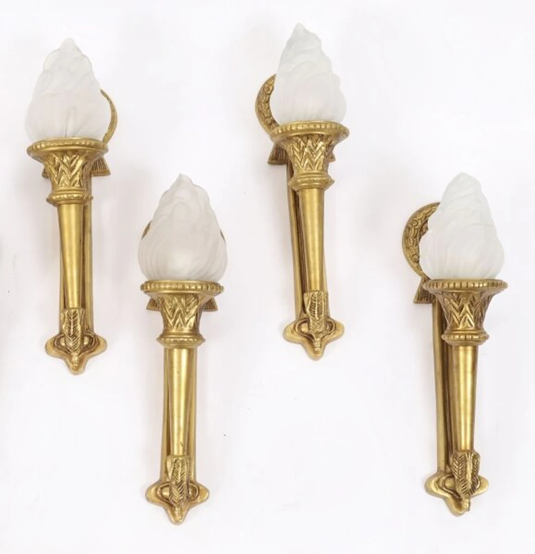 Antique Set of 4 Neo-Classical Ormolu & Glass Flaming Torch Wall Lights c.1920