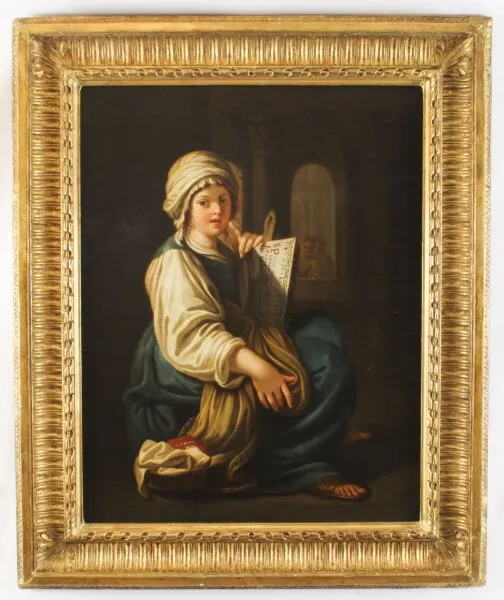 Antique Italian School Oil Painting "Young Lady Reading a Scroll" 19th C
