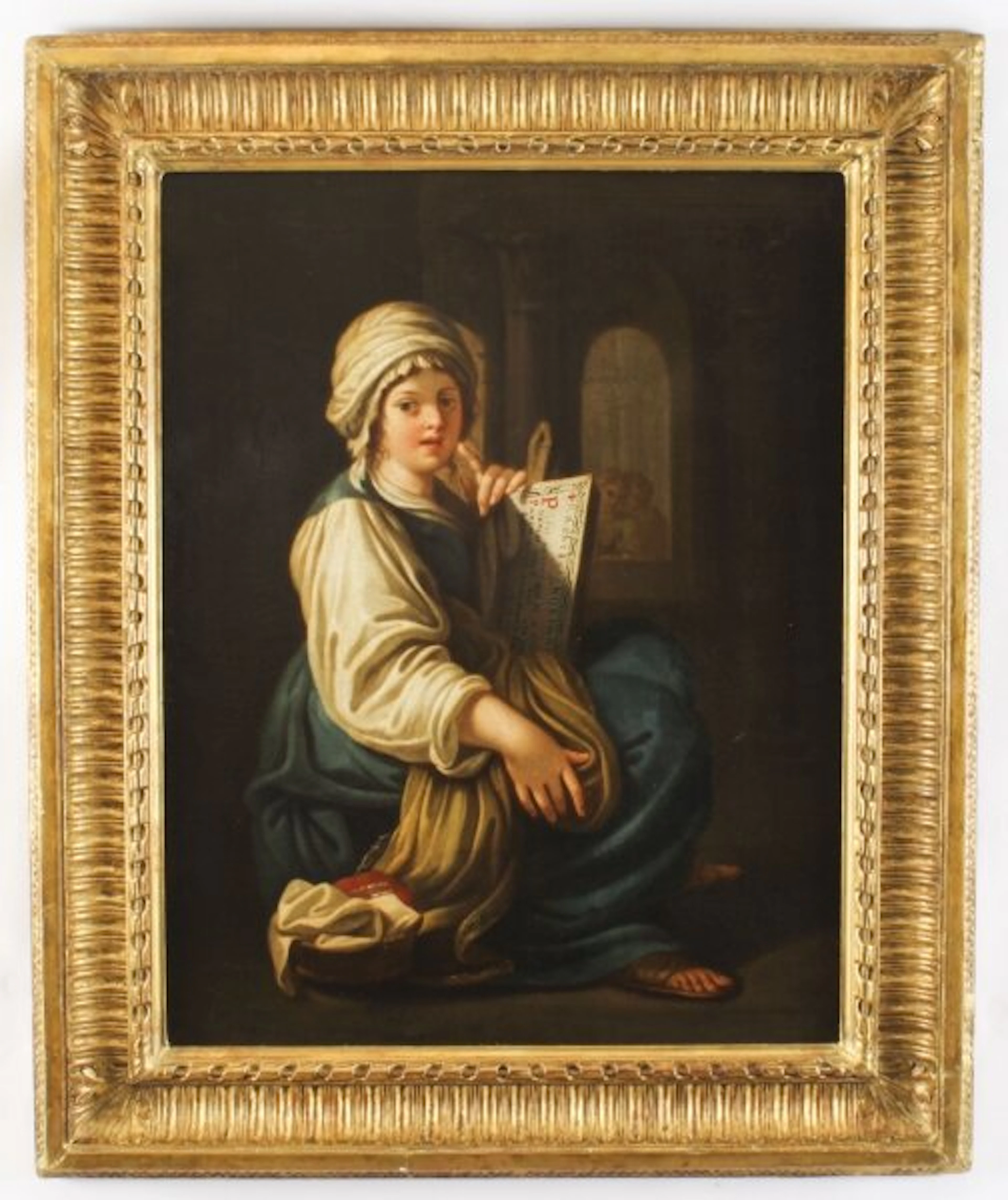 Antique Italian School Oil Painting "Young Lady Reading a Scroll" 19th C