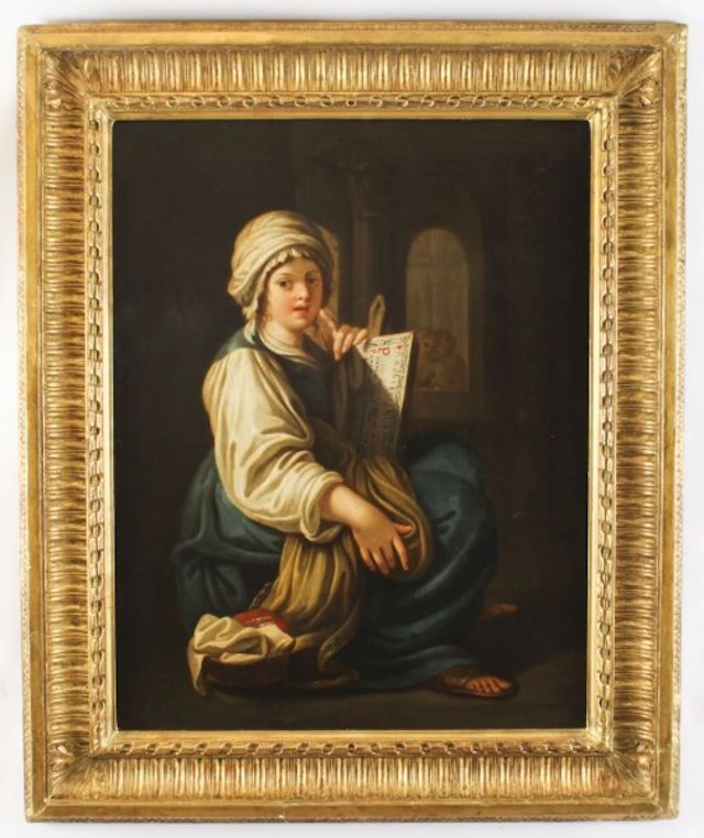 Antique Italian School Oil Painting "Young Lady Reading a Scroll" 19th C