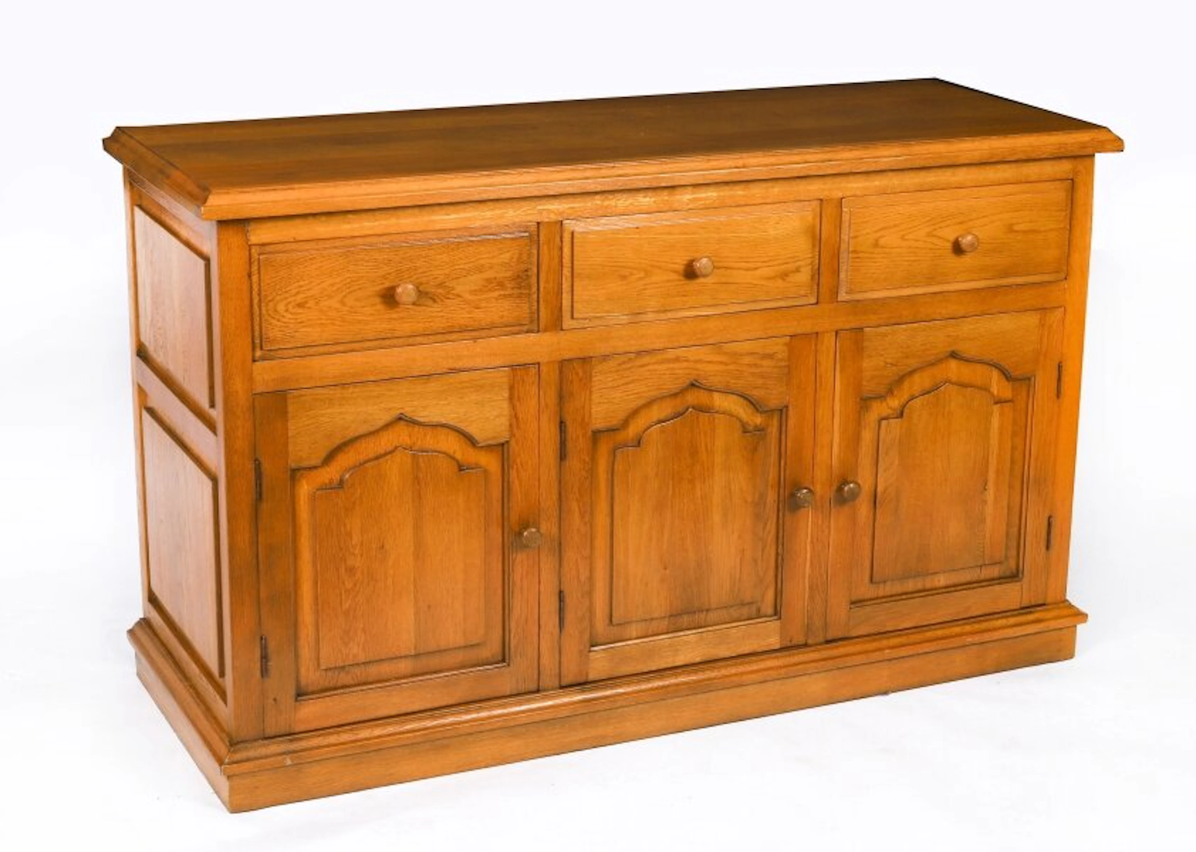 Vintage Solid Oak Panelled Three Door Sideboard 20th C