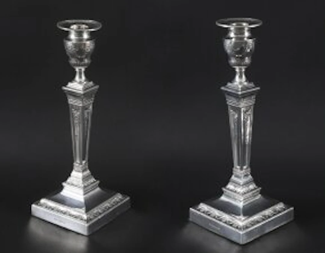 Antique Pair Silver Plated Neo Classical Candlesticks Walker & Hall 19th C