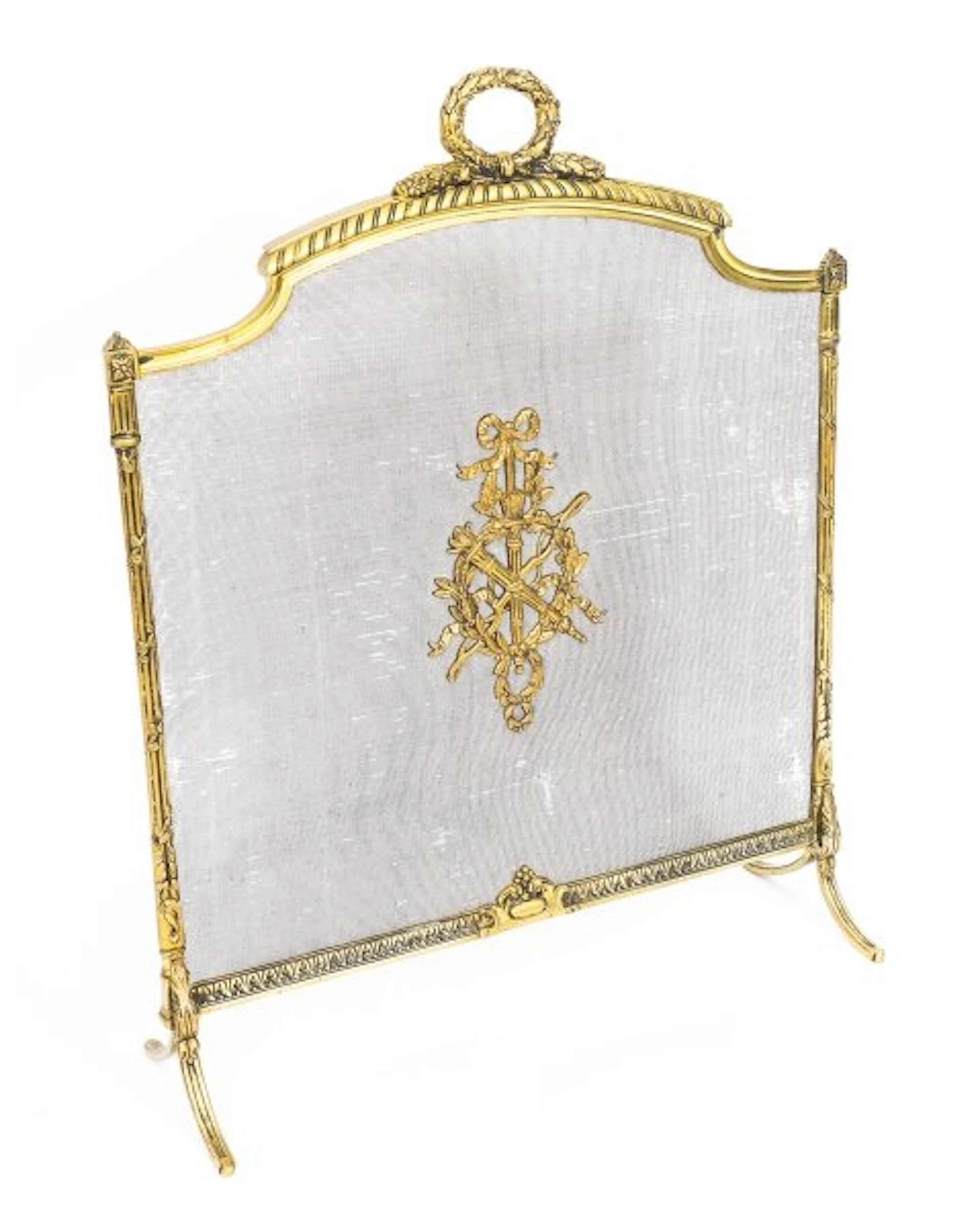 Antique French Empire Revival Flaming Torch Gilt Bronze Fire Screen C1870