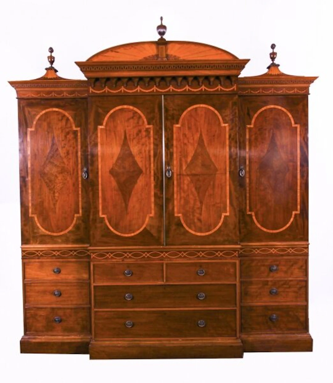 Antique Victorian Sheraton Revival Inlaid Breakfront Wardrobe 19th C