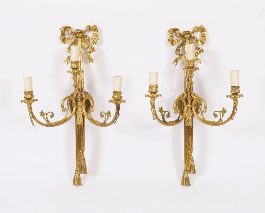 Antique Pair Ormolu Three Branch Wall Lights Sconces Circa 1870 19th C