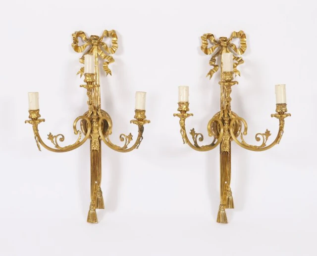 Antique Pair Ormolu Three Branch Wall Lights Sconces Circa 1870 19th C