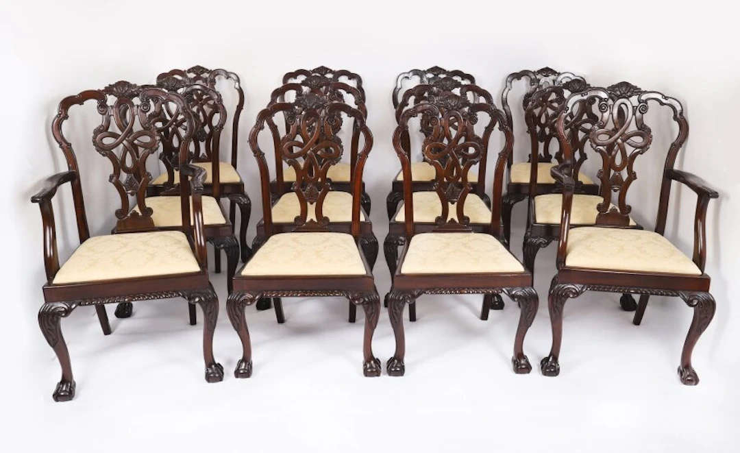 Antique Set of 12 George II Style Chippendale Dining Chairs 19th C
