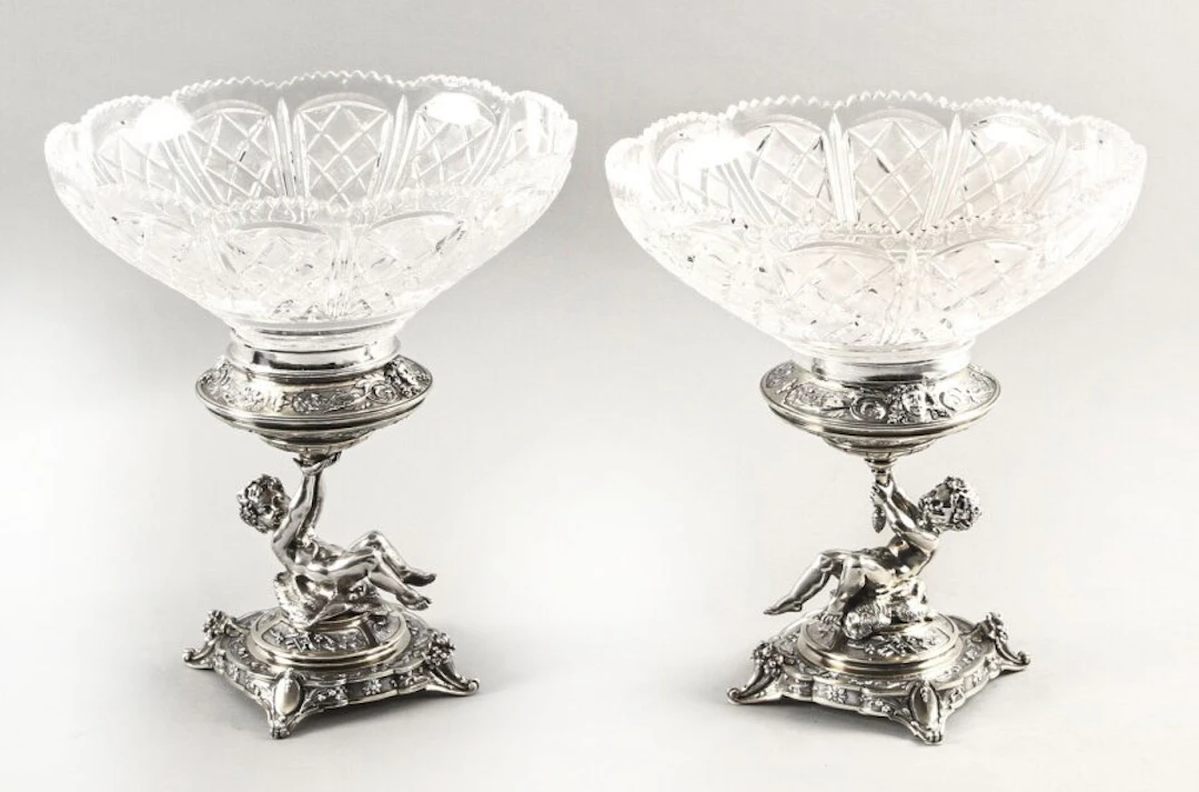 Antique Pair English Victorian Silver Plate & Cut Glass Centrepieces