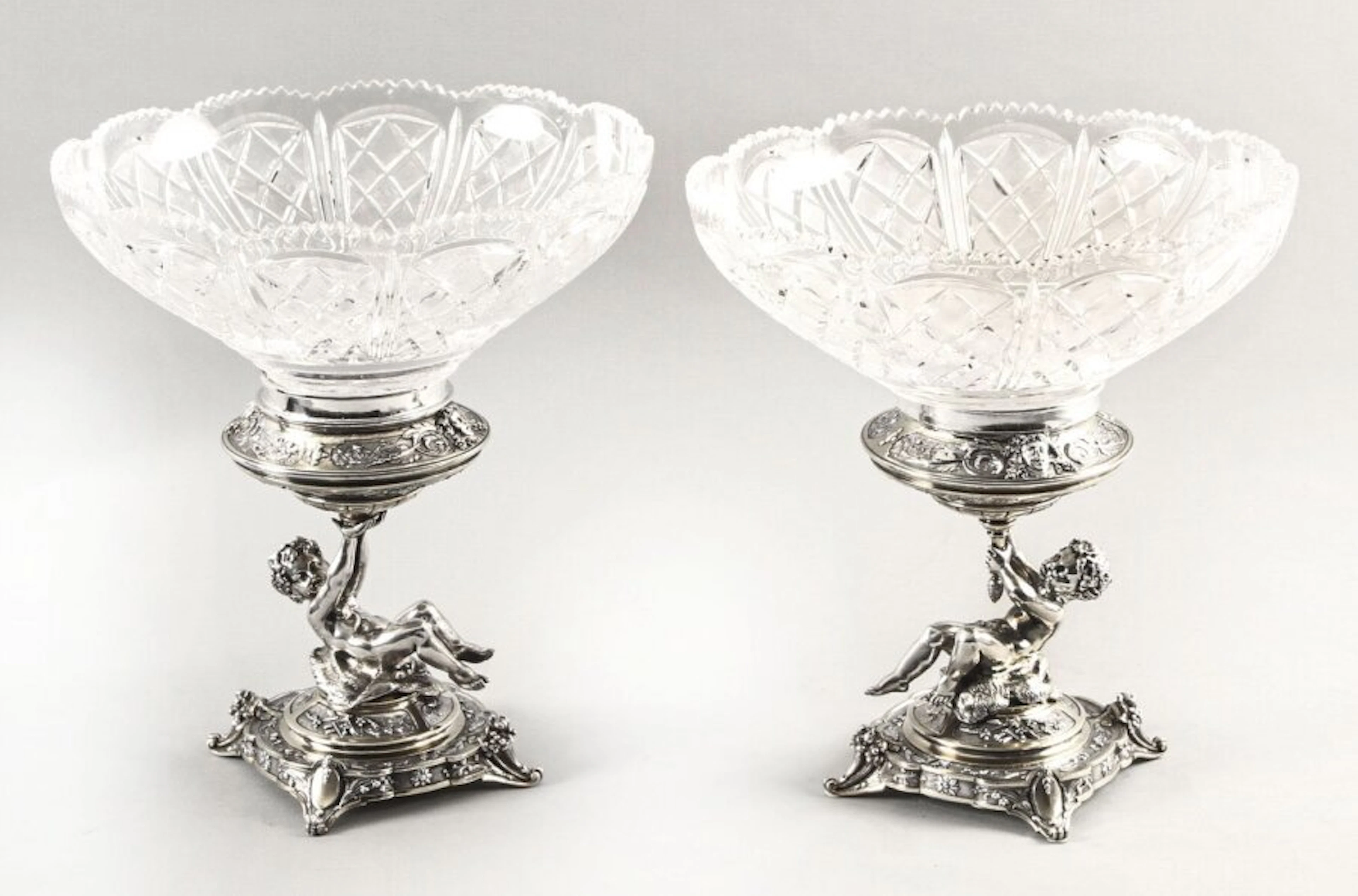 Antique Pair English Victorian Silver Plate & Cut Glass Centrepieces
