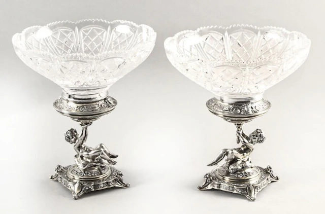 Antique Pair English Victorian Silver Plate & Cut Glass Centrepieces