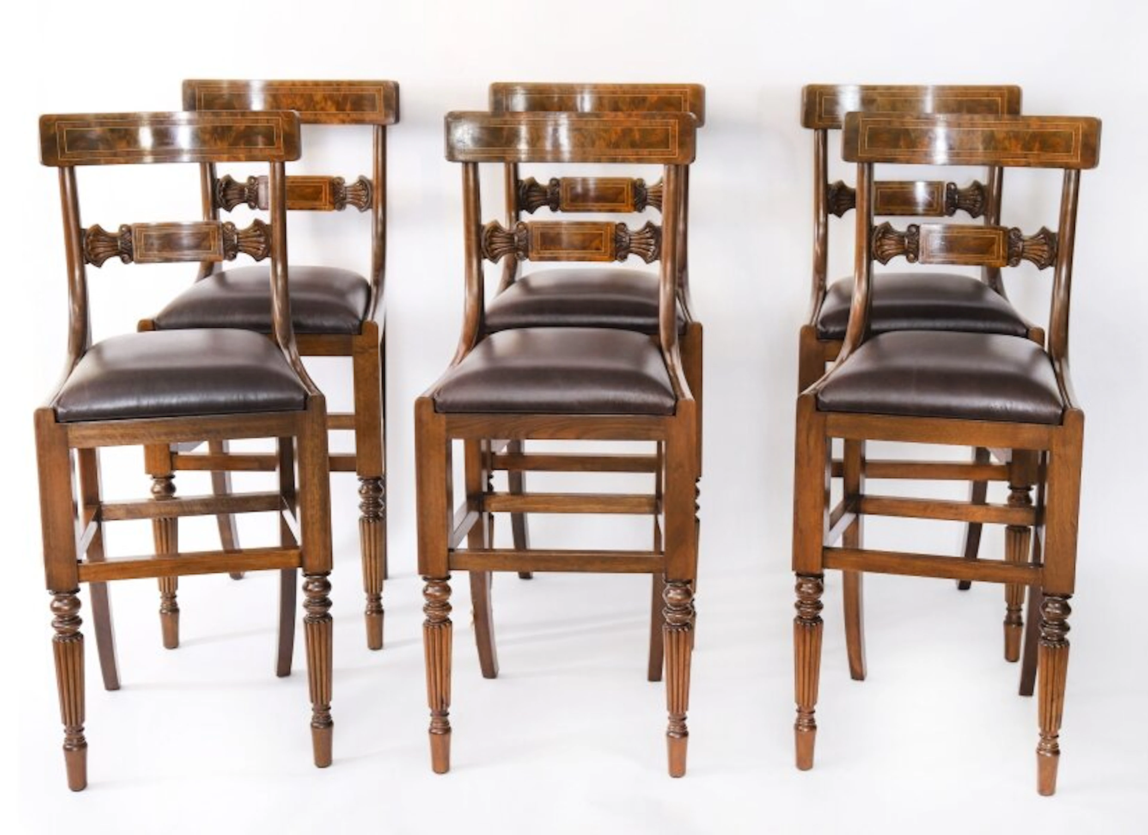 Bespoke Set of Six Burr Walnut & Leather Upholstered Bar Stools