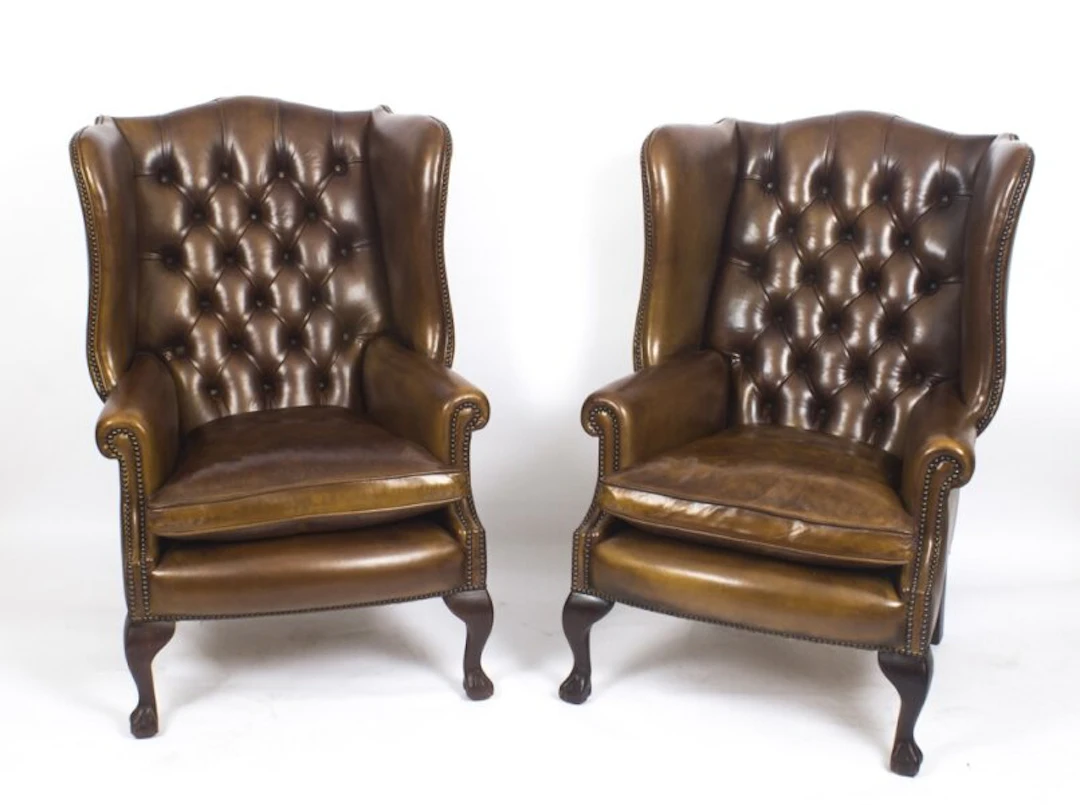 Bespoke Pair Leather Chippendale Wingback Armchairs Hazel