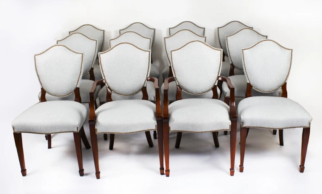 Vintage Set 12 Hepplewhite Revival Shield Back Dining Chairs 20th Century