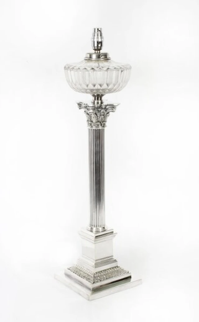 Antique Victorian Silver Plated Corinthian Column Table Lamp 19th C